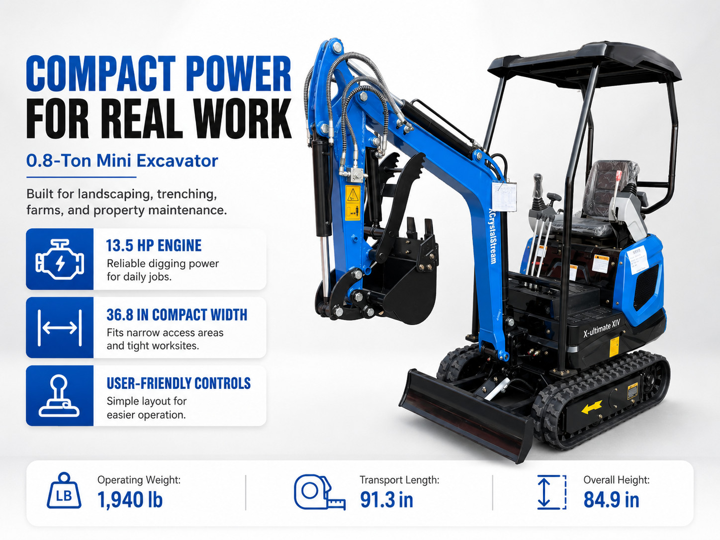 X-ultimate XIV‌ Excavator 1.4T Digger 13.5hp Gas Tracked Crawler B&S EPA Engine