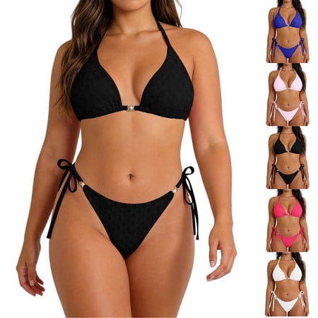 LEKWK Bikini Sets for Women Plus Size High Cut Thong Tie Side Halter Bathing Suit String Textured Two Piece Swimsuit Summer Beach Vacation Pool Water Sports
