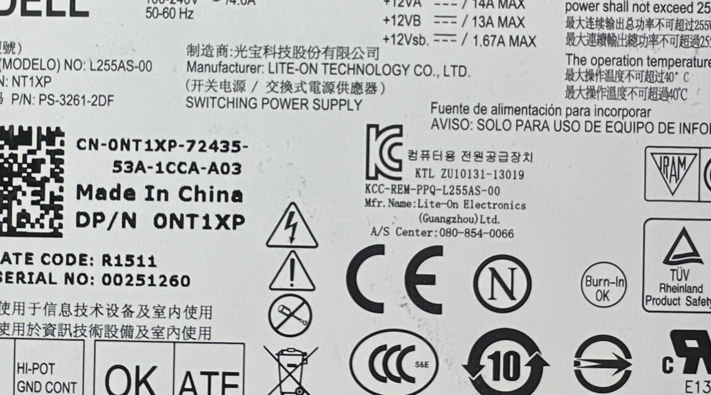 Dell Optiplex  L255AS-00 255W Power Supply P/N: 0NT1XP NT1XP