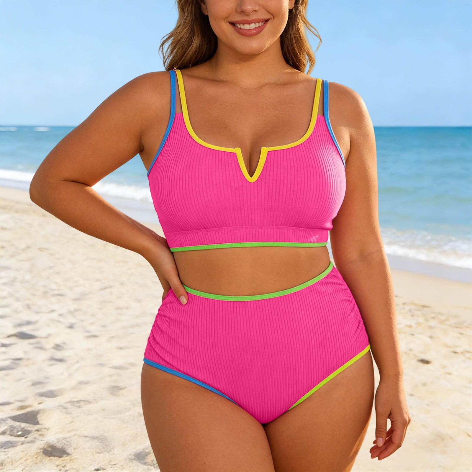 Women’s Plus Size Ribbed Two Piece Swimsuit – High Waisted Bathing Suit with Double Straps and V-Notch Detail