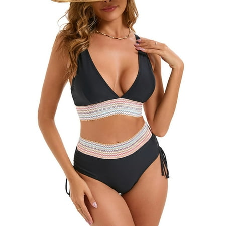 Awdenio Swimsuits for Curvy Women High Waisted Bikini Sets V Neck Two Piece Swimsuit Color Block Twist Front Bathing Suits