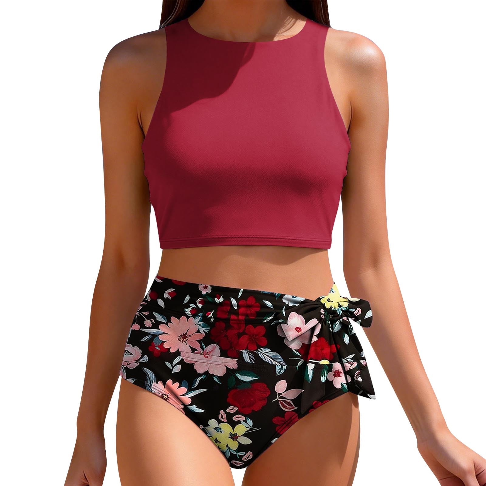 Oplxuo Women High Waisted Bikini Set Racerback Swimsuit Two Piece Bathing Suit High Neck Swimwear