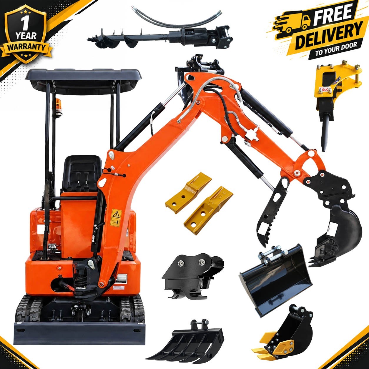 New 1.4Ton Mini Excavator 13.5HP B&S Side Swing Hydraulics Thumb + 7 Attachments