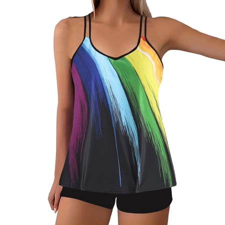 Dgankt Tankini Swimsuits for Women Women’s Rainbow Pride Brushstroke Tankini Set – Double Strap Flowy Swim Top & Black Bottoms for Beach, Pool, Vacation & Summer Swimwear Style S-5XL