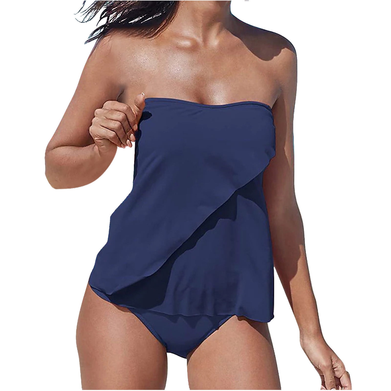 Alkepwun Women’s Tankini Swimsuits Two Piece Swimwear Solid Color Loose Fit Strapless Asymmetric Hem Swimsuit with Removable Straps and Stretch Triangle Bottoms Cozy Quick Dry Beach Set