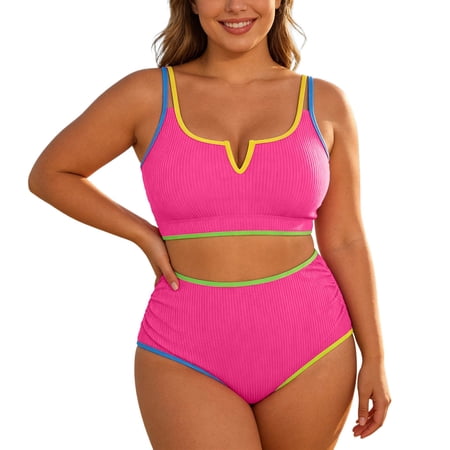 Lume Wear Women Plus Size High Waisted Bikini Ribbed Two Piece Swimsuit Tummy Control Bathing Suit V-neck 2026 Swimwear XXXXL&Hot Pink#02