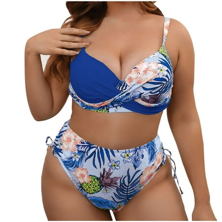 UTSJKR Plus Size Floral Bikini Sets Big Bust Swim High Waisted Swimsuits Two Piece Bathing Suits Tummy Control Swimwear Blue XXXL
