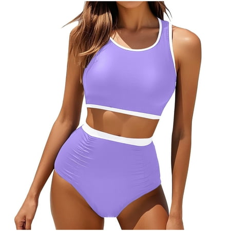 UTSJKR Womens High Waisted Bikini Set Two Piece Swimsuit High Neck Tops Bathing Suit Full Coverage Tummy Control Tankini Purple XL