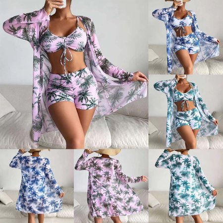 Tqyyweavej Women’s 3 Pieces Floral Swim Suit Sets Long Sleeve Loose Bathing Suit Coverups Spaghetti Strap Sexy Drastring Swim Suit for Women