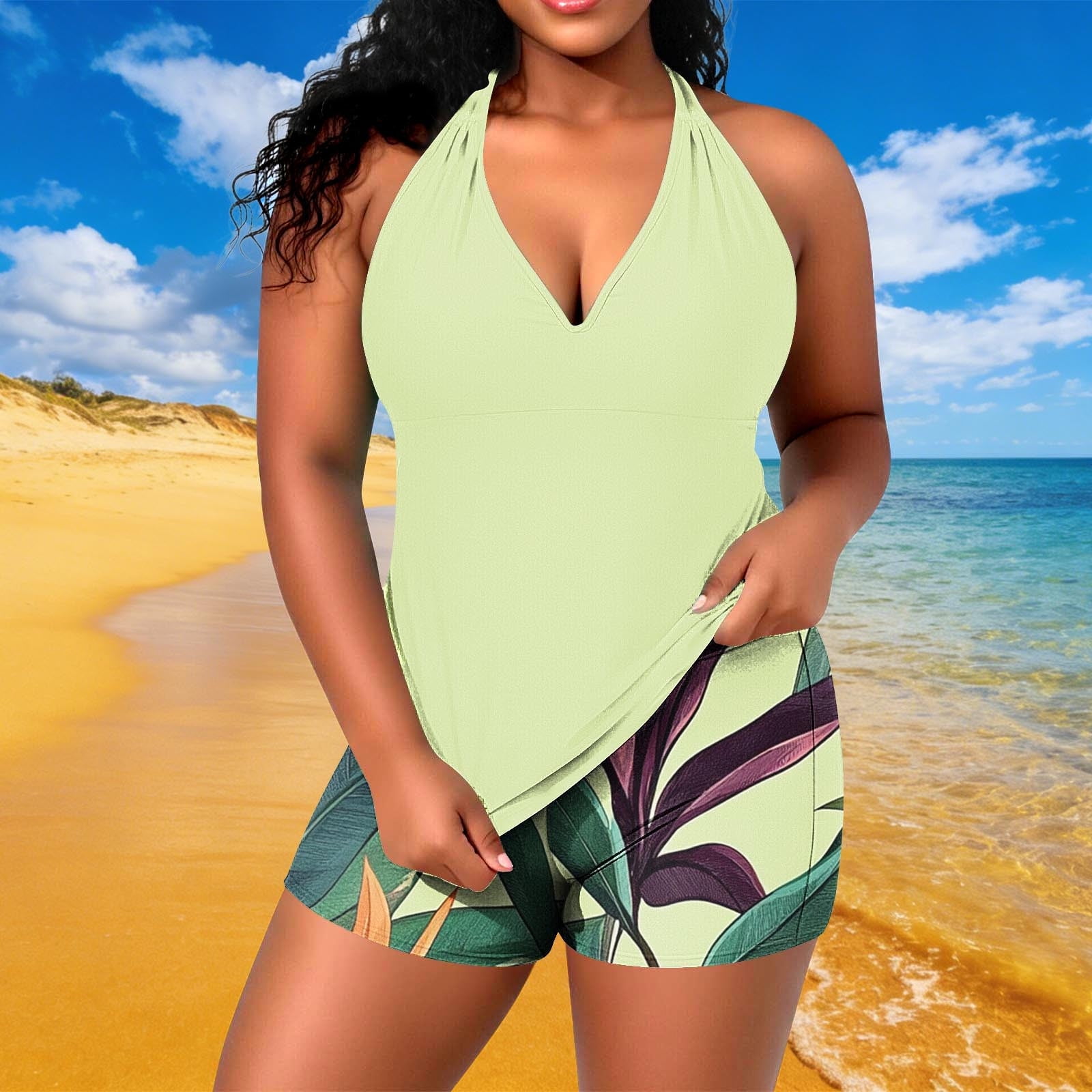 Sokhug Womens Plus Size Tankini Set Solid Color Halter Neck Two Piece Swimsuit Adjustable Straps Top with Built in Bra Padded Bathing Suit for Beach