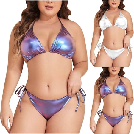 YanHoo Women’s Plus Size Metallic Triangle Bikini Sets Halter String Two Piece Swimsuit Tie Side Bathing Suit Beach Vacation Swimwear