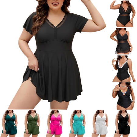 Plus Size Swim Dress Women 2 Piece Tummy Control V Neck Bathing Suit High Waist Full Coverage Shorts XL-5XL