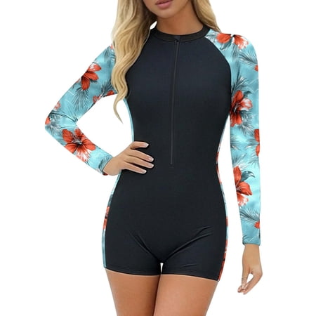 Nmnitkp UPF 50+ Modest Long Sleeve Swimsuits for Women Floral Zipper High Neck Bathing Suit Rash Guard Surfing One Piece Swimwear