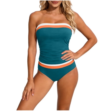 Tankini Swimsuits for Women Two Piece Strapless Bandeau Bathing Suits Tops Full Coverage Modest Swim Suits (with Detachable Shoulder Straps) Sky Blue