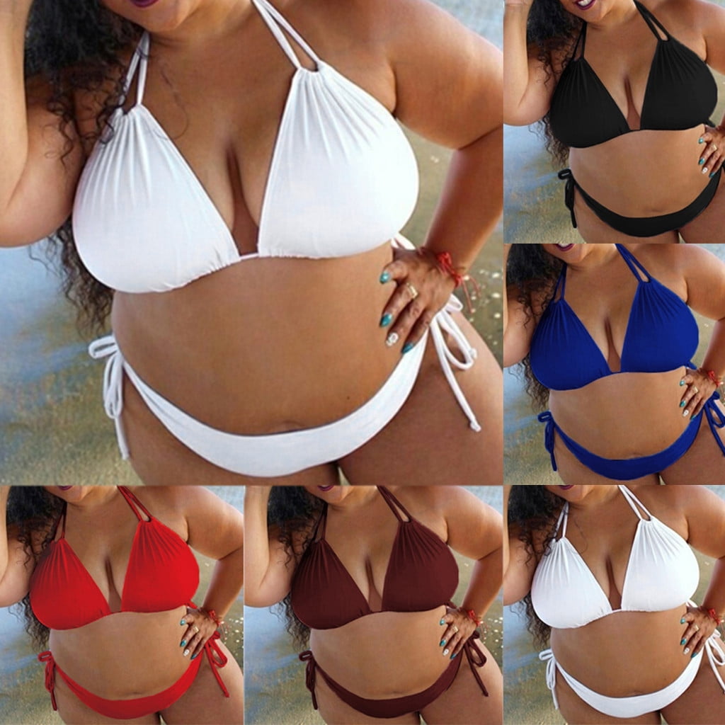 Jinhomg Plus Size Bikini Swimsuit for Women Basic Solid Color Halter String Triangle Bikini Tops with Tie Side Bottom 2 Piece Bathing Suit 2025 Saving Black M