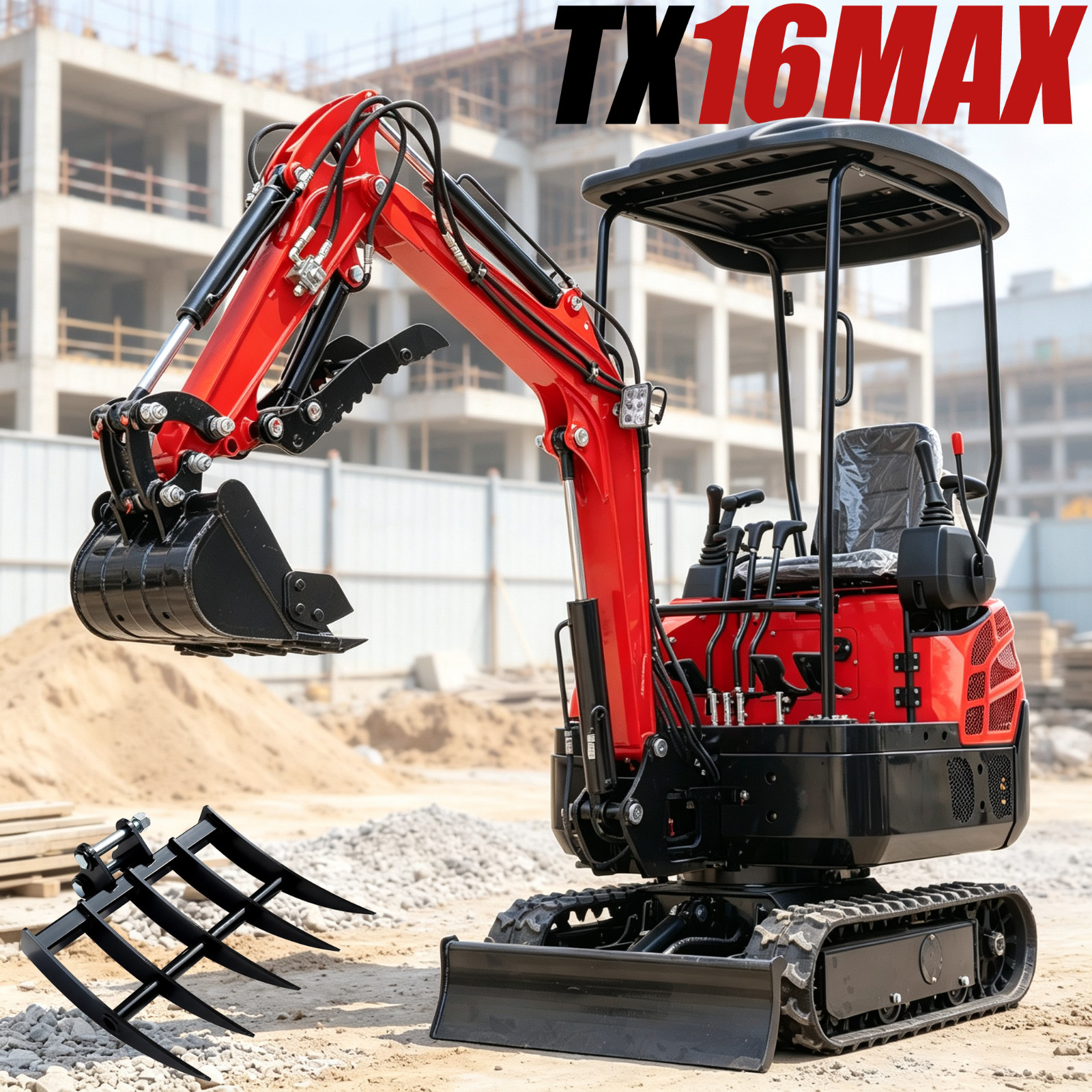 USA Stock MMS 1.6T Crawler Mini Excavator+Free Rake-Duty 13.5 HP Gasolin