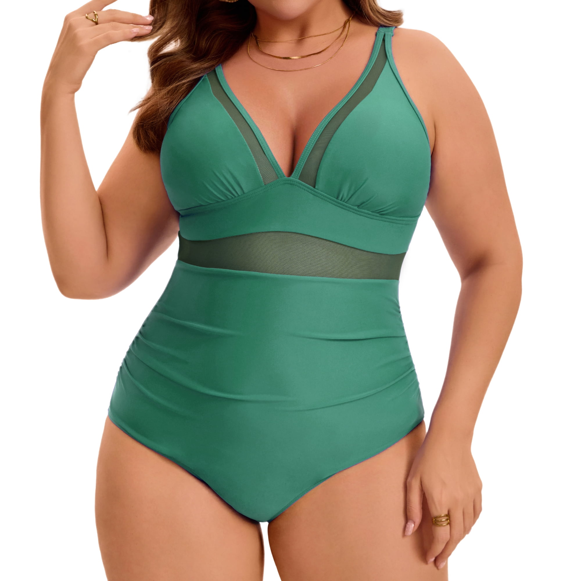 GRACE & GRANDEUR Women’s Plus Size 1 Piece Swimsuit Mesh V-Neck Tummy Control Adjustable Straps High Waisted Bathing Suit for Beach & Pool 4X Dark Green