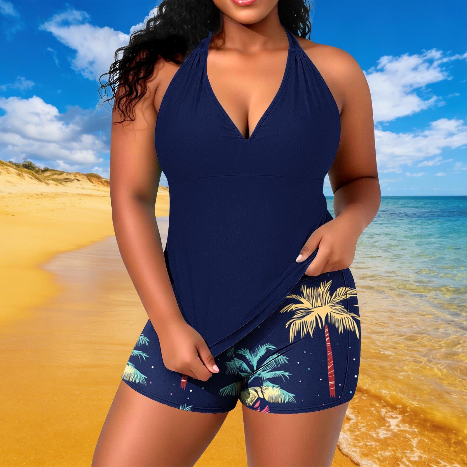 PNTUTB Women’s Plus Size Solid Color Halter Neck V Neck Backless Top with Fashion Print Swim Bottoms Swimsuit Two Piece Set