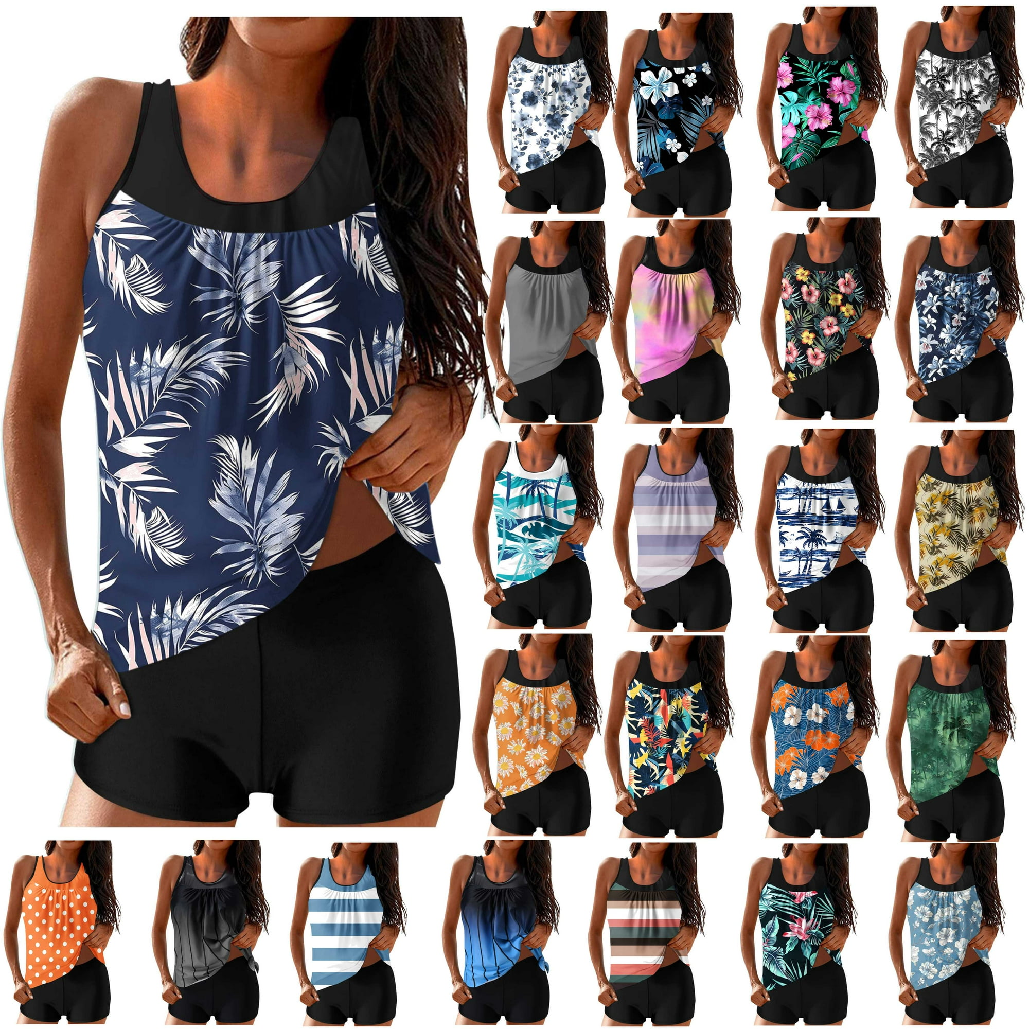 UPPADA 2 Piece Full Coverage Swimsuits for Women Floral Athleti Crewneck Bathing Suits High Waisted Tummy Control Modest Swimwear Comfy Tankini Top with Shorts Light Blue,L