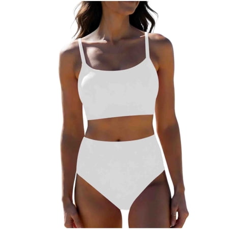 UTSJKR Women’s Multi Color Solid Square Neck 2 Piece Bikini Set with High Waist Skirted Bottom for Summer Casual Beach Style White XL