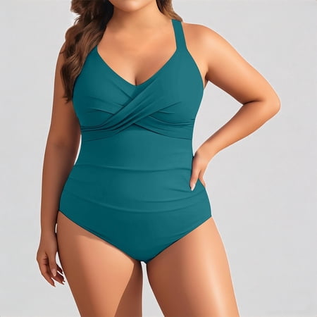 Krdevn Women’s Plus Size One Piece Swimsuit Cross Front Tummy Control Full Coverage Retro Bathing Suit,XL