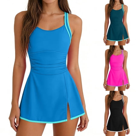 XUNKUSGA Bathing Suit for Women Tummy Control Fashion Sporty Color Block Swim Dress for Women Swimwear Soft Skin Friendly Slit Hem One Piece Swimsuit Women,Black,L