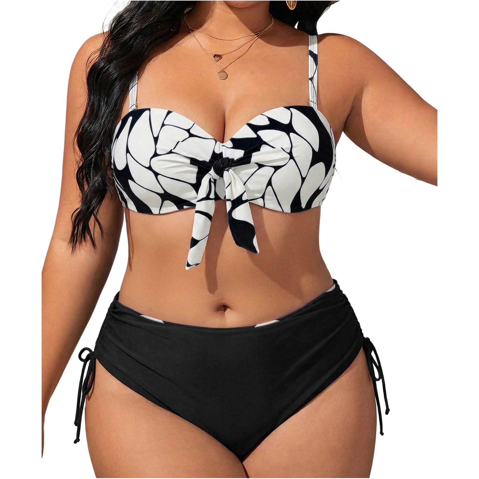 Plus Size Bathing Suit for Women Knot Front Bikini Top with Side Lace Up Bottom Tummy Control Swimwear