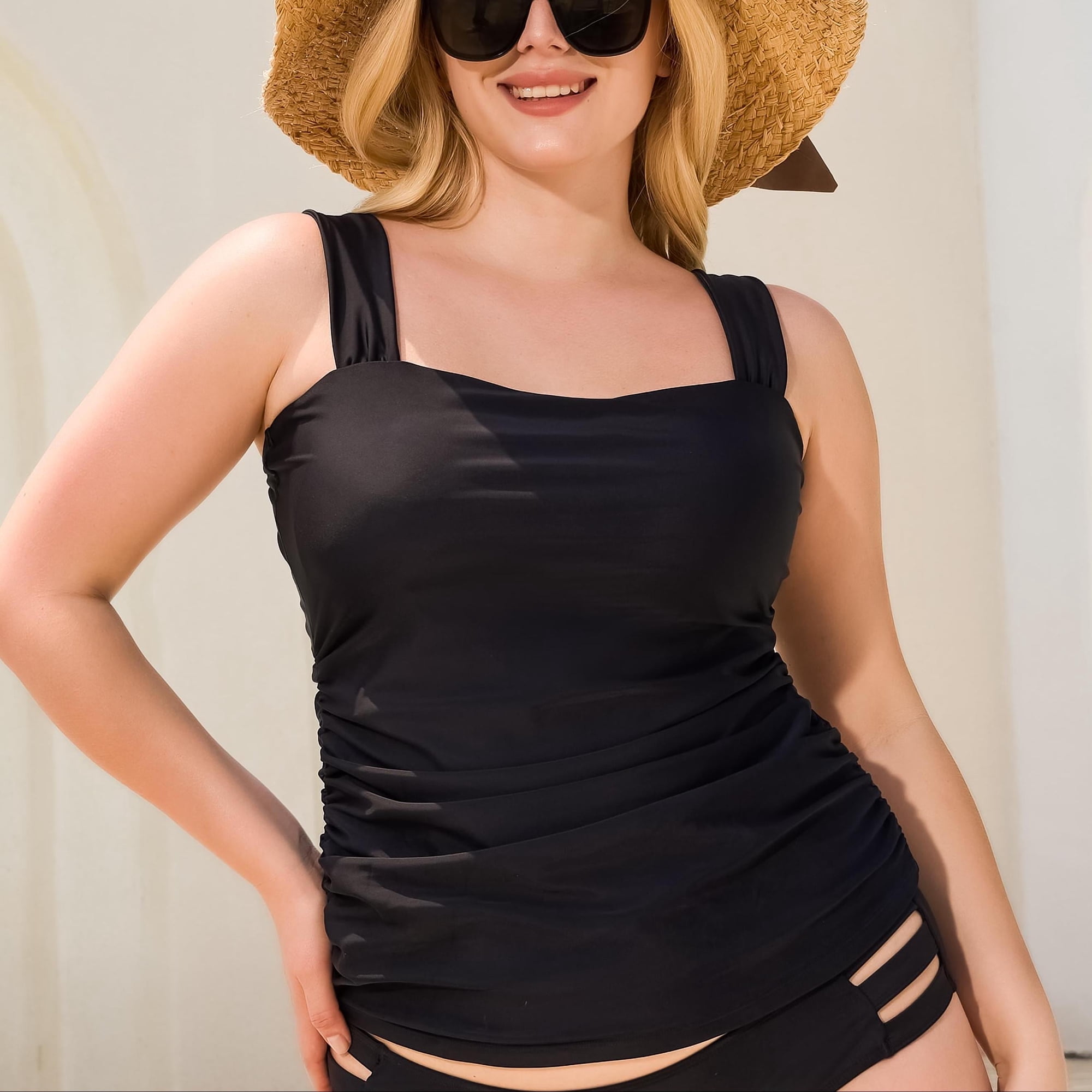 RELLECIGA Women’s Bandeau Ruched Tankini Top Swimsuits Modest Bathing Suits