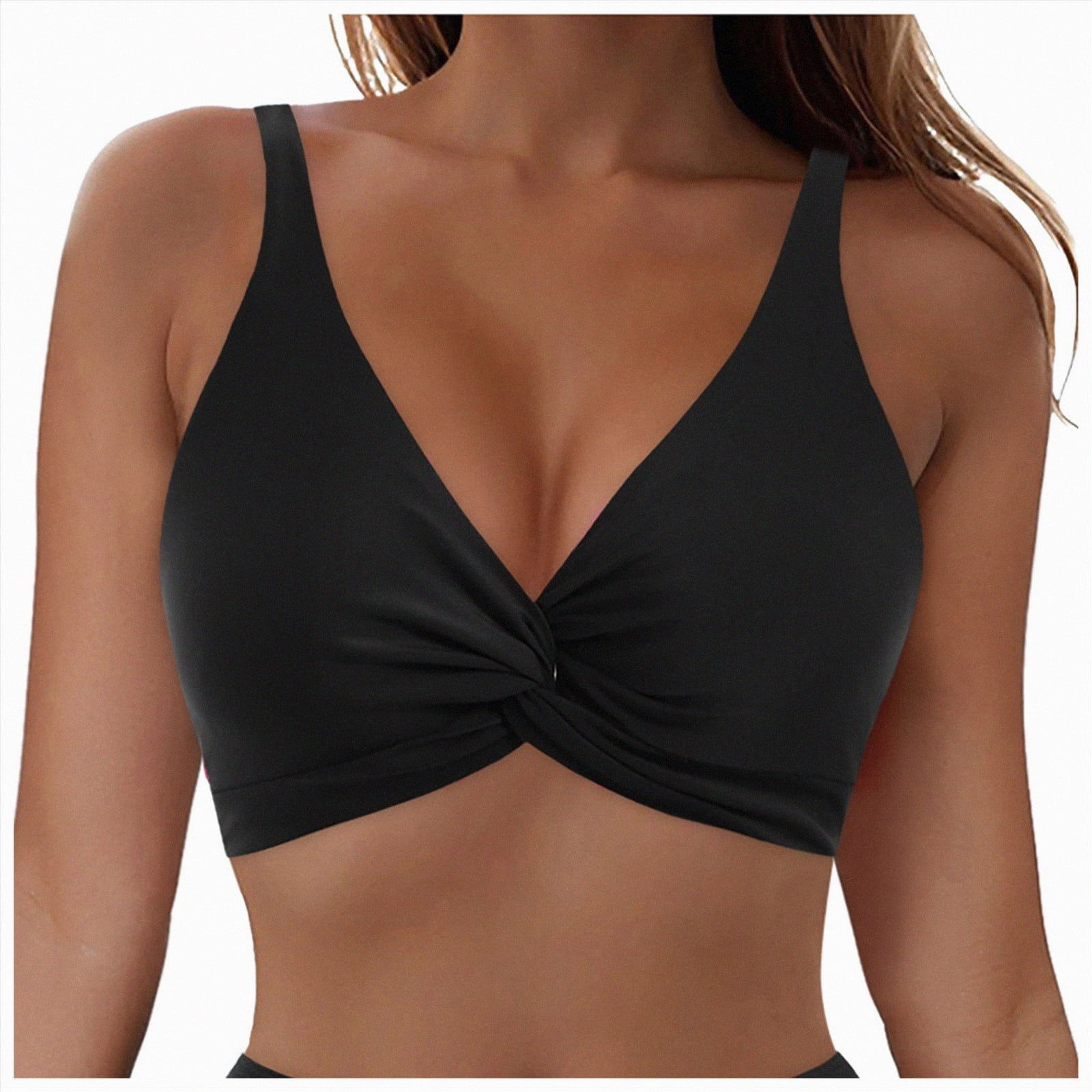 TOWED22 Women Bikini Tops Push Up Swim Top Front Tie Knot Bathing Suit Top Only Black,XXL