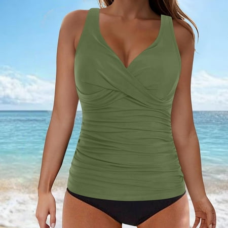 Ayolanni V-Neck Womens Swimwear Tankini Separate Tankinis Modest Green Padded Solid Two-Piece Sets Tween Swimwear M