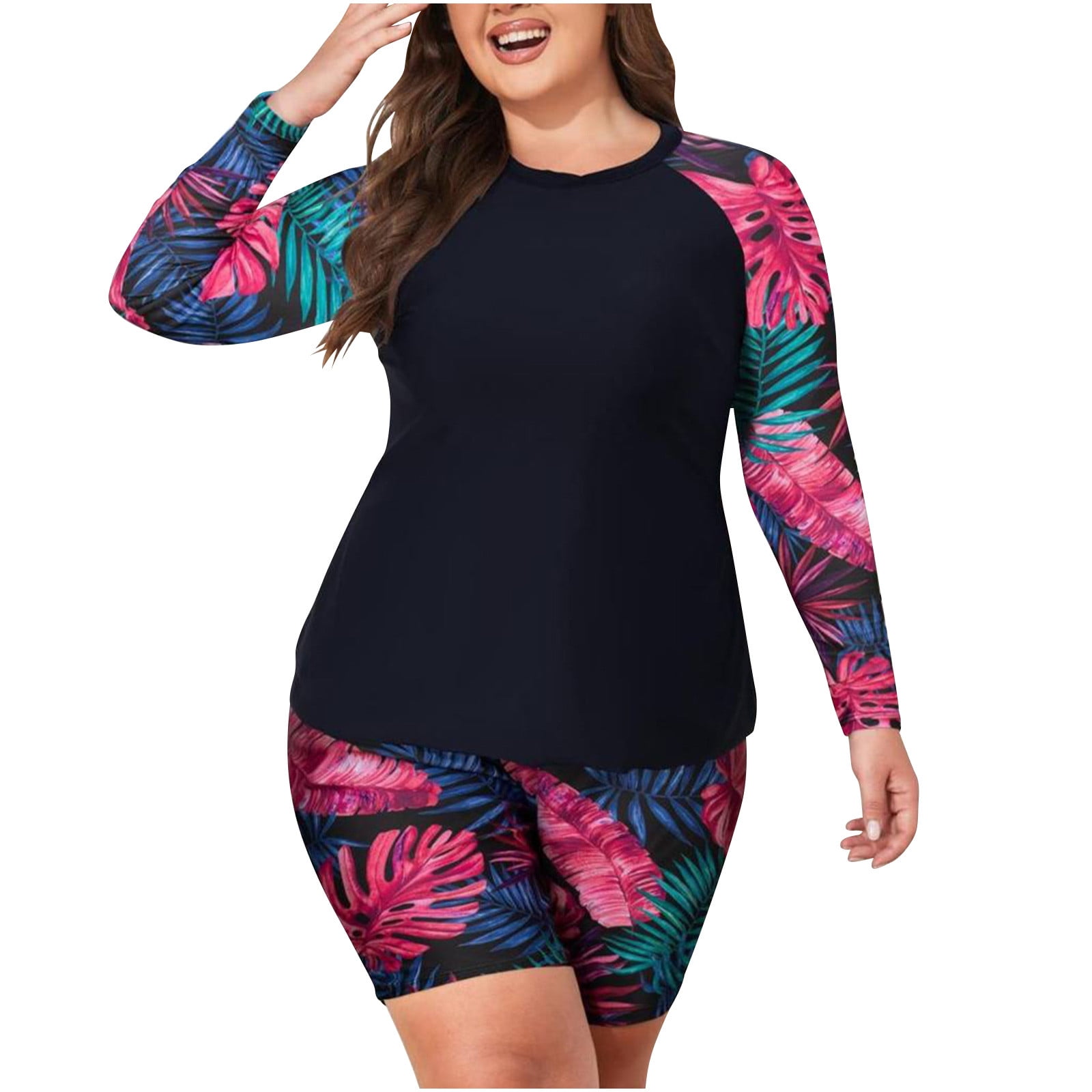 Edvintorg Plus Size Two Piece Swimsuit Women Long Sleeve Surfing Suits with Shorts Tummy Control Bathing Suits for Women