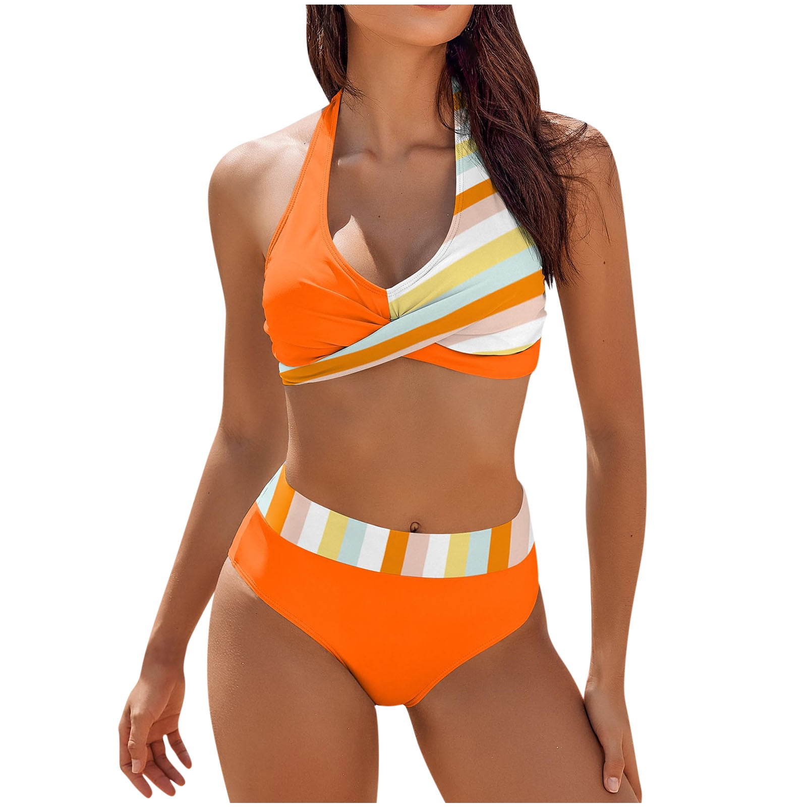 UPPADA Women’s Two Piece Bikini Swimsuit Set Solid Top and Bottom Lace Up Swimwear Beachwear Color Block 2 Pieces Bikini Swimsuit Bathing Suit Patchwork Bikini Split Swimsuit Orange,L