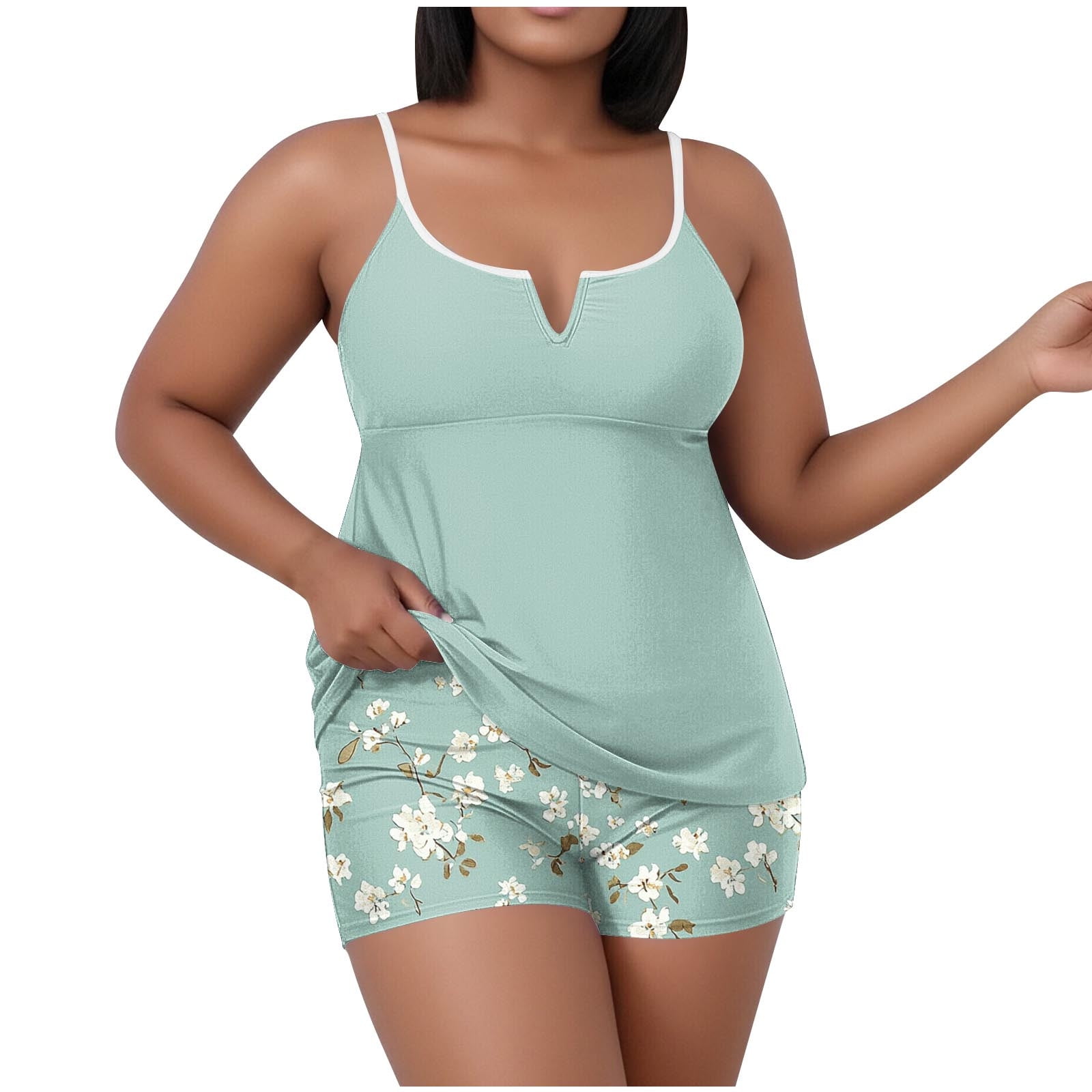 asdoklhq Plus Size Bathing Suit Tankini Swimsuits Floral Women’s Oversized Casual Solid Color Split Tank Top with Chest Cushion Swimsuit Set Green 5X