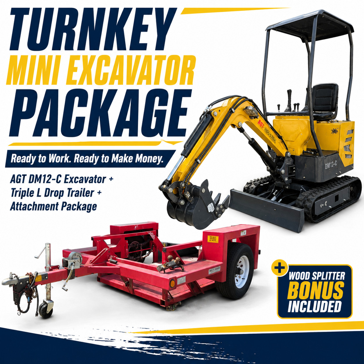 AGT DM12-C Mini Excavator + Trailer + Attachments & Wood Splitter