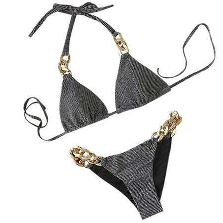 asdoklhq Womens Bathing Suit Bikinis Sets Women Summer Fashion Solid Tank Sexy Two-Piece Velvet Rhinestone Metal Chain Bikini Swimsuit Swimwear Gray M