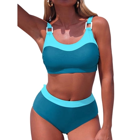 Women Bikini Sets Sporty Crop Top Swimwear Two Piece Bathing Suits Water Duck Blue XL