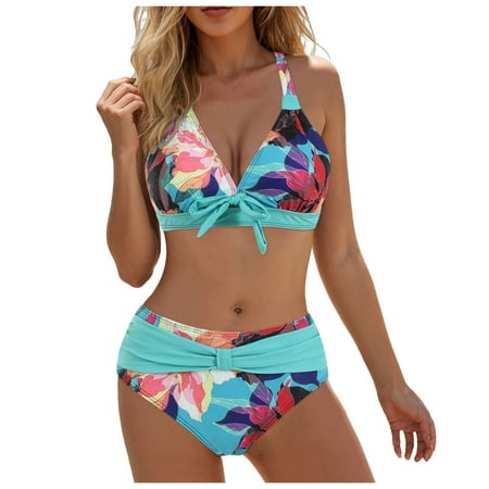 vigerkar Plus Size Tie-Front Bikini Set 2025 – Women’s Halter Neck Two-Piece Swimsuit with Tummy Control Light Blue, XXL