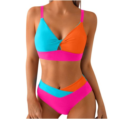 LYEAA Bikinis Sets for Women Spaghetti Strap Swimsuits 2 Piece Colorblock Bathing Suit Beach Vacation Swimwear