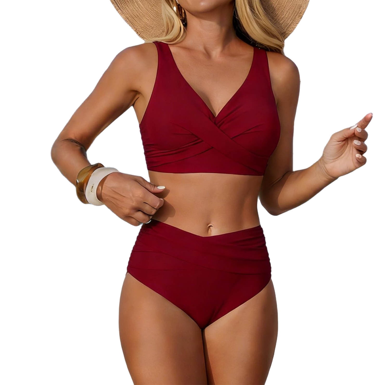 BSDJILFG Summer Bathing Suits for Women Twist Front Push Up Bikini Sets V-Neck Supportive Ruched Hipster Swimsuits