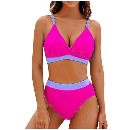 UTSJKR Women’s High Waisted Bikini Sets V Neck Two Piece Swimsuit Color Block Twist Front Tummy Control Bathing Suits Hot Pink M