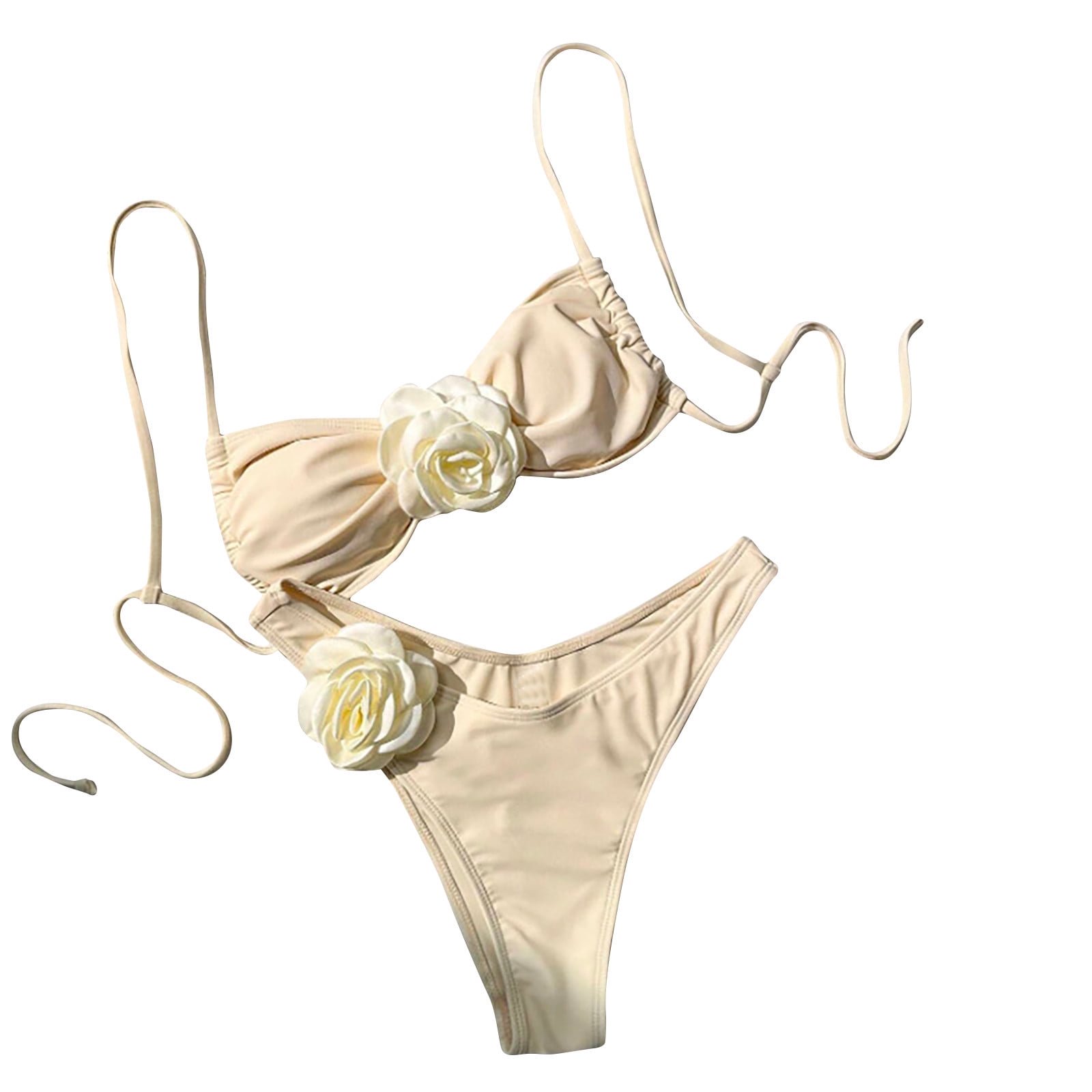 UTSJKR Women’s Drawstring Stretch Flattering Bikini 3D Rose Embellished Swimwear Solid Color High Waisted Swimsuit Yellow XL