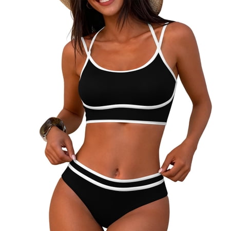 Fewfanhot 2 Piece Swimsuit for Women High Waisted Bikini Sets Sporty Two Piece Swimsuits Color Block High Cut Bathing Suits