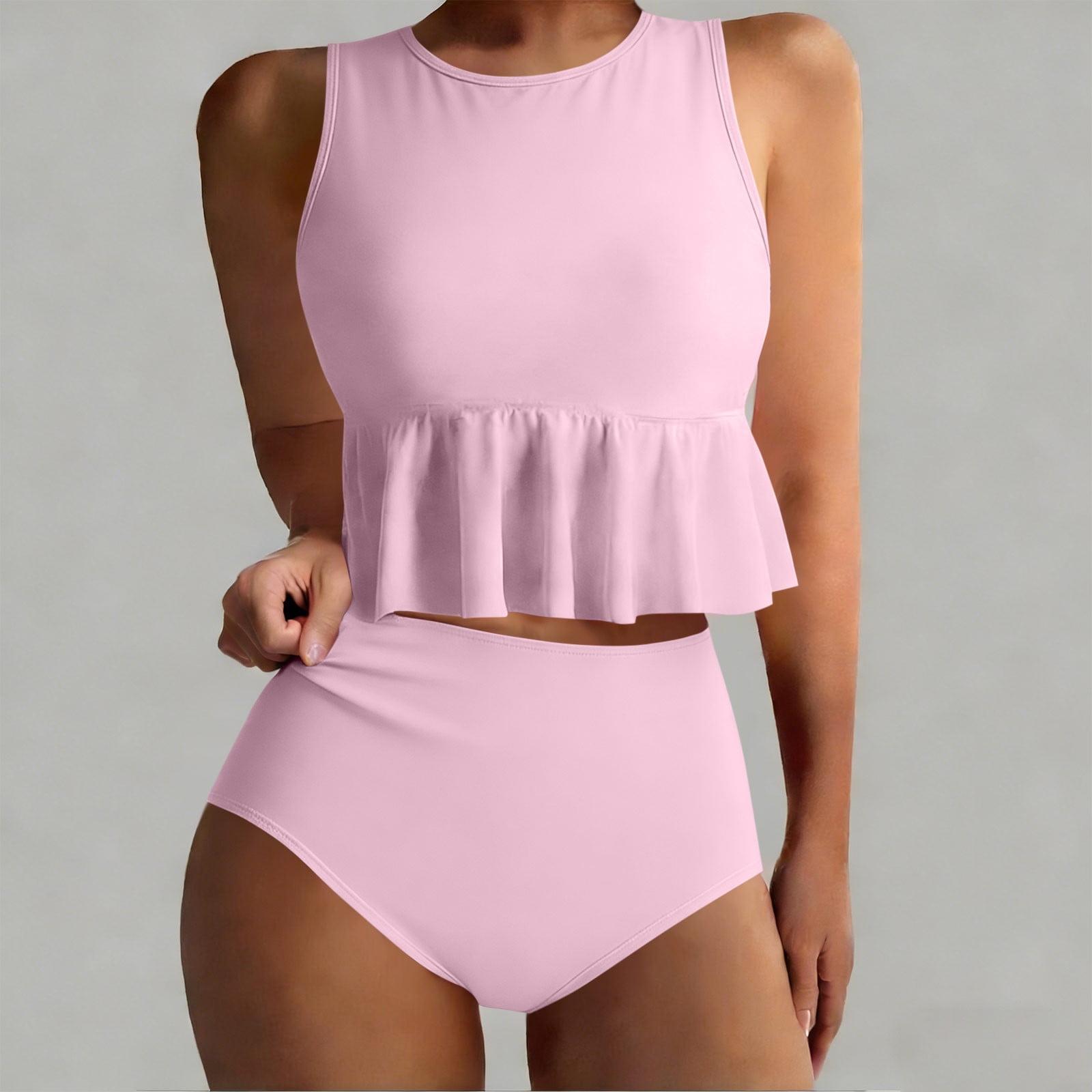 HOMBOM Womens Tummy Control Tankini Swim Suits Swimwear Mesh Pink High Waisted Holiday Bathing Suit for Ladies Crop Swim Top