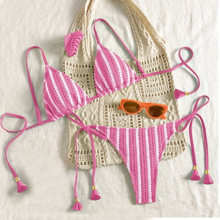 Crochet Bikini Sets for Women Cheeky Two Piece Bathing Suits Striped Brazilian High Cut Knit Swimsuit Tie for Vacation (Pink,XL)