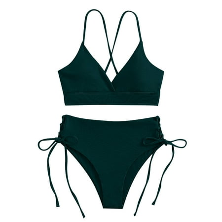 Efsteb 2 Piece High Waisted Bikini Set for Women V Neck Backless Strap Split Swimsuit Solid Color Drawstring Two Piece Bathing Suit (Army Green,L)
