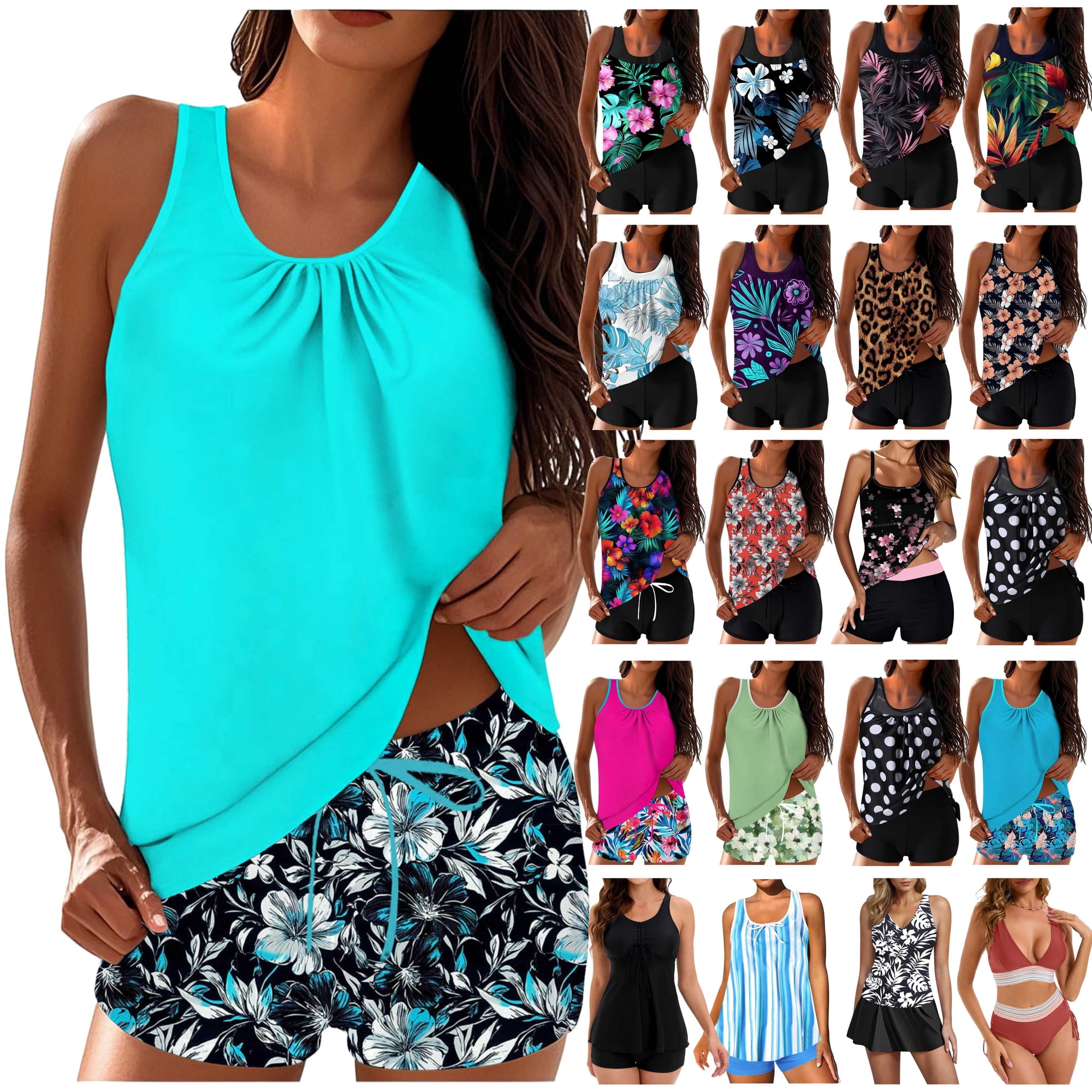 UPPADA Tankini Swimsuits for Women Floral Print Two Piece Bathing Suits Tummy Control Modest Swimsuit Blouson Swim Tops with Boy Shorts Swim Wear Clearance,Hot Pink,M
