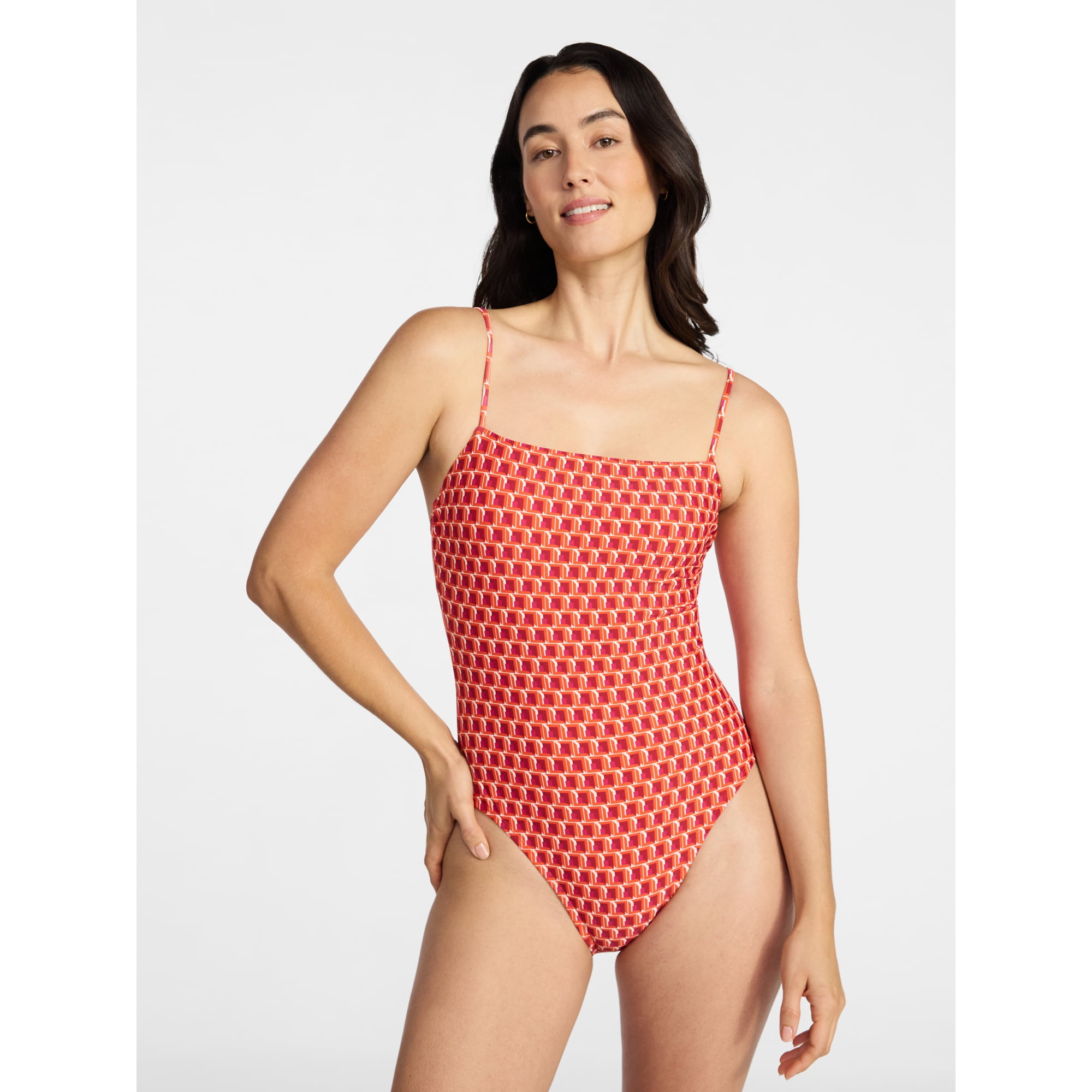 Time and Tru Women’s and Women’s Plus Square Neck One-Piece Swimsuit, Sizes XS-3X, Family Swim