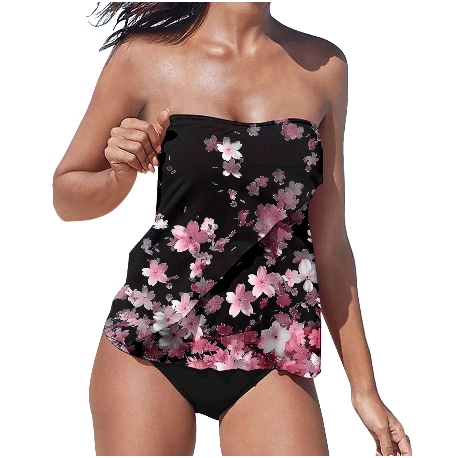 Womens Swimwear,Plus Size Bandeau Tankini Swimsuit for Women 2 Piece Halter Swim Top with Shorts Tummy Control Bathing Suits,S