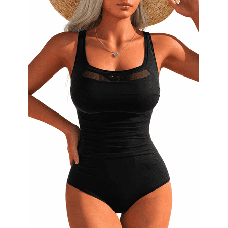 Kaperf Women’s One Piece Swimsuit, Tummy Control Ruched Bathing Suit, Mesh Scoop Neck Slimming Swimwear for Beach, Pool, Vacation