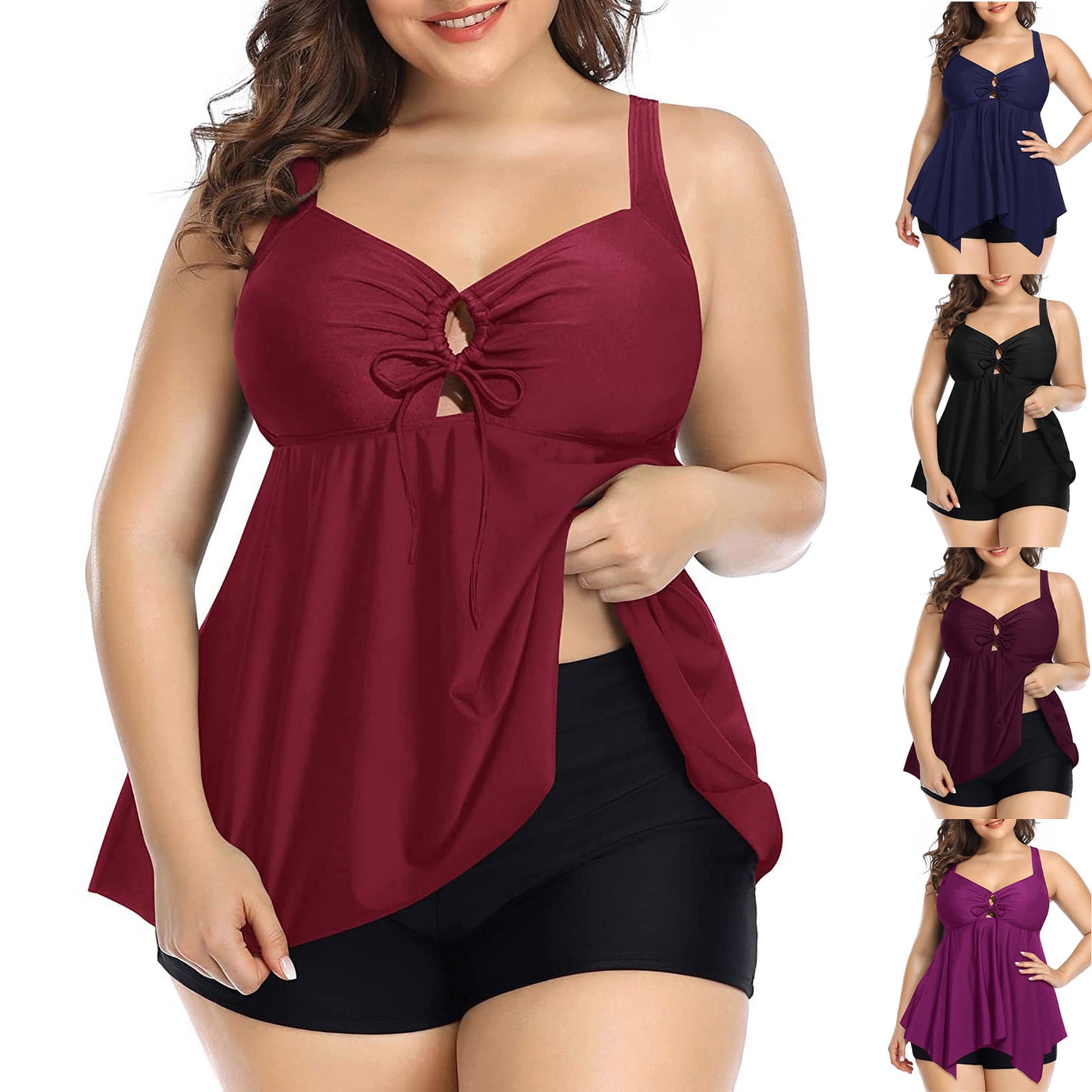 UPPADA Plus Size 2 Piece Bathing Suit for Women Casual Two Piece Tankini Swimsuit Lace up Front Flowy Tummy Control Bathing Suit with Shorts Black,L